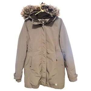 Womens Spyder Hooded Ski Puffer Parka Coat w/ Faux Fur Hood Gray ~ Size Small